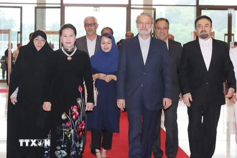 Chủ tịch Quốc hội Nguyễn Thị Kim Ngân đón Chủ tịch Quốc hội Iran Ali Ardeshir Larijani. (Ảnh: Trọng Đức/TTXVN)