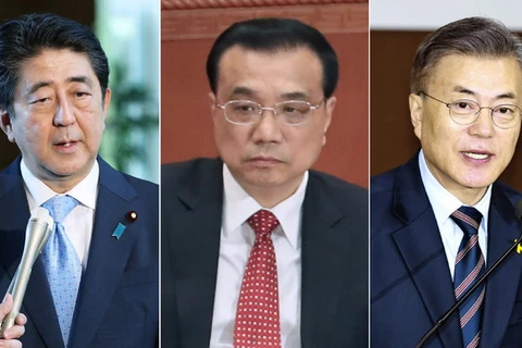Thủ tướng Nhật Bản Shinzo Abe, Thủ tướng Trung Quốc Lý Khắc Cường và Tổng thống Moon Jae-in. (Nguồn: Nikkei Asian Review)