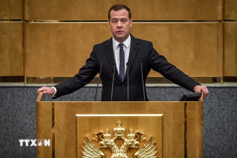 Ông Dmitry Medvedev phát biểu tại phiên họp Hạ viện Nga ở Moskva ngày 8/5. (Nguồn: AFP/TTXVN)