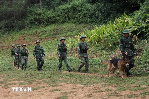 Chiến sỹ Đồn Biên phòng Huổi Luông thường xuyên tuần tra biên giới, giữ vững an ninh vùng biên. (Ảnh: Nguyễn Duy/TTXVN)