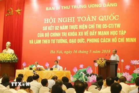 Ông Trần Quốc Vượng, Ủy viên Bộ Chính trị, Thường trực Ban Bí thư phát biểu chỉ đạo tại hội nghị. (Ảnh: Thống Nhất/TTXVN)