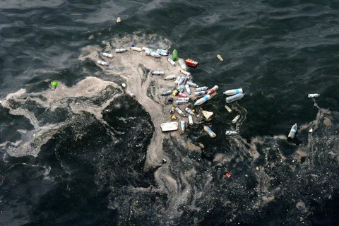 Vỏ chai nhựa vứt bừa bãi trên mặt nước khu vực bờ biển Địa Trung Hải, Beirut, Liban, ngày 28/5. (Nguồn: EPA-EFE)