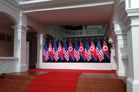 Địa điểm diễn ra cuộc gặp lịch sử Mỹ-Triều đã sẵn sàng đón tiếp hai nhà lãnh đạo. (Nguồn: straitstimes)