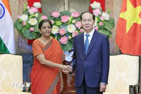 Chủ tịch nước Trần Đại Quang tiếp bà Nirmala Sitharaman, Bộ trưởng Quốc phòng Ấn Độ đang có chuyến thăm chính thức Việt Nam. (Ảnh: Nhan Sáng/TTXVN)