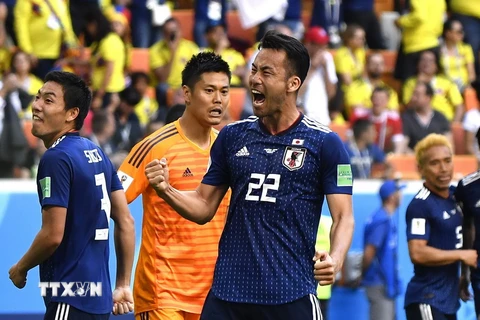 Cầu thủ Maya Yoshida (phải, phía trước) của Nhật Bản mừng chiến thắng sau trận đấu với Colombia ở bảng H World Cup 2018 diễn ra tại Saransk, Nga ngày 19/6. (Nguồn: THX/TTXVN)