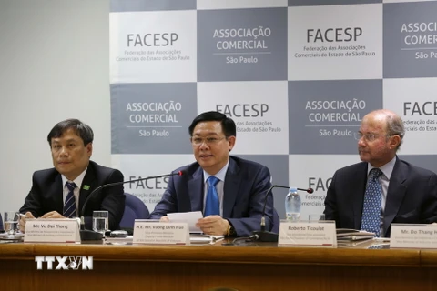 Phó Thủ tướng Vương Đình Huệ phát biểu tại Diễn đàn Thương mại Đầu tư Việt Nam-Brazil. (Ảnh: Phạm Hoài Nam/TTXVN)