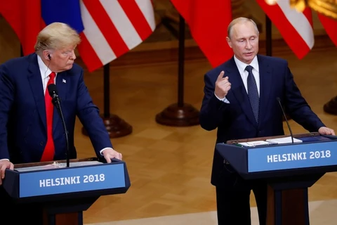 Tổng thống Nga Vladimir Putin phát biểu trong cuộc họp báo chung sau cuộc gặp thượng đỉnh ở Helsinki, Phần Lan ngày 16/7. (Nguồn: AFP/ TTXVN)