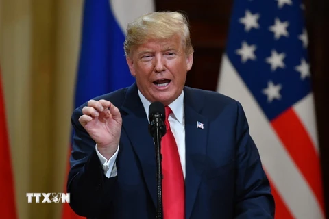 Tổng thống Mỹ Donald Trump trong cuộc họp báo chung sau hội nghị thượng đỉnh với Tổng thống Nga Vladimir Putin ở Helsinki, Phần Lan ngày 16/7. (Nguồn: AFP/ TTXVN)