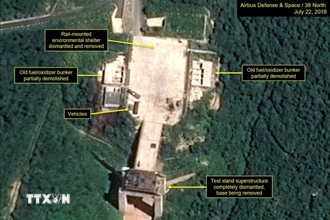 Hình ảnh do trang mạng 38 North ghi lại cho thấy hoạt động tháo dỡ các cơ sở của bãi thử hạt nhân Sohae ngày 22/7. (Nguồn: AFP/ TTXVN)
