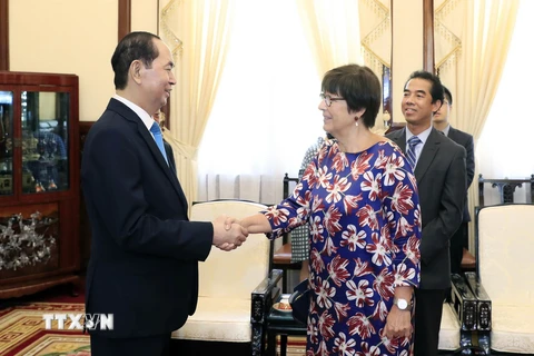Chủ tịch nước Trần Đại Quang tiếp bà Jehanne Roccas, Đại sứ Đặc mệnh toàn quyền Vương quốc Bỉ. (Ảnh: Nhan Sáng/TTXVN)
