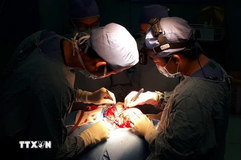 Các bác sỹ Bệnh viện Nhi đồng 2 phẫu thuật tạo hình hộp sọ bị biến dạng cho bệnh nhi. (Nguồn: TTXVN phát)