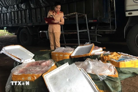 Cảnh sát giao thông Thanh Hóa kiểm đếm số thịt lợn hôi thối chở trên ôtô. (Ảnh: Trịnh Duy Hưng/TTXVN)