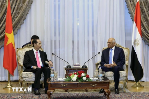 Chủ tịch nước Trần Đại Quang hội kiến Chủ tịch Quốc hội Ai Cập Ali Abdel Aal. (Ảnh: Nhan Sáng/TTXVN)