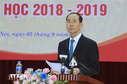 Chủ tịch nước Trần Đại Quang phát biểu tại Lễ khai giảng năm học 2018-2019 của trường Trung học phổ thông Chu Văn An, Quận Tây Hồ (Hà Nội), sáng 5/9. (Ảnh: Nhan Sáng/TTXVN)