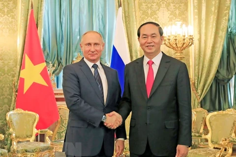 Chủ tịch nước Trần Đại Quang hội đàm với Tổng thống Liên bang Nga V. Putin, trong chuyến thăm Nga, tháng 6/2017. (Ảnh: Nhan Sáng/TTXVN)