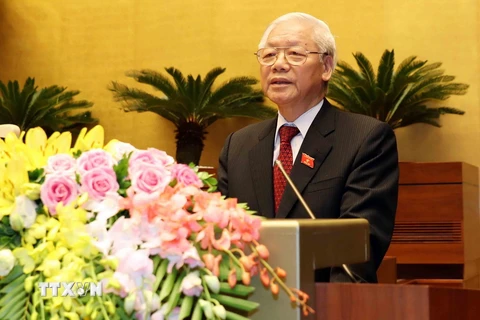Tổng Bí thư Nguyễn Phú Trọng, Chủ tịch nước nhiệm kỳ 2016-2021 phát biểu nhậm chức Chủ tịch nước. (Ảnh: Trí Dũng/TTXVN)