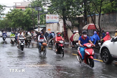 Đến gần trưa 26/11, nước vẫn còn ngập trên đường Âu Cơ, quận Tân Bình, Thành phố Hồ Chí Minh. (Ảnh: Xuân Dự/TTXVN)