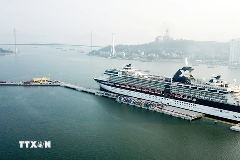 Tàu Celebrity Millennium đưa hơn 2.000 hành khách và gần 1.000 thủy thủ đoàn thuộc nhiều quốc tịch đến tham quan Vịnh Hạ Long và các điểm du lịch ở Quảng Ninh. (Nguồn: TTXVN phát)