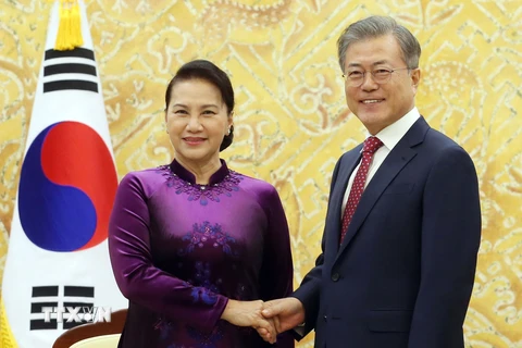 Chủ tịch Quốc hội Nguyễn Thị Kim hội kiến Tổng thống Hàn Quốc Moon Jae-in. (Ảnh: Trọng Đức/TTXVN)