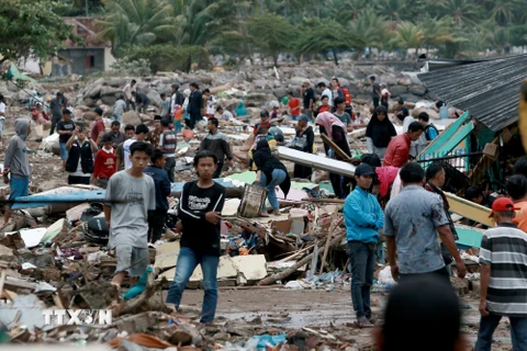 Nhân viên cứu hộ tìm kiếm nạn nhân thảm họa sóng thần tại South Lampung, Indonesia ngày 23/12. (Nguồn: AFP/TTXVN)