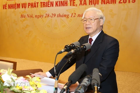 Tổng Bí thư, Chủ tịch nước Nguyễn Phú Trọng phát biểu tại hội nghị. (Ảnh: Trí Dũng/TTXVN)