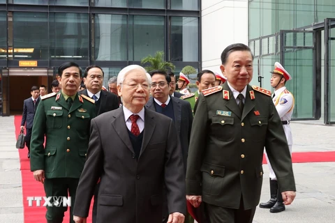 Tổng Bí thư, Chủ tịch nước Nguyễn Phú Trọng đến dự Hội nghị Công an toàn quốc lần thứ 74. (Ảnh: Trí Dũng/TTXVN)