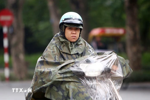 Người tham gia giao thông chống chọi với mưa rét trên đường Đinh Tiên Hoàng (Hà Nội). (Ảnh: Danh Lam/TTXVN)
