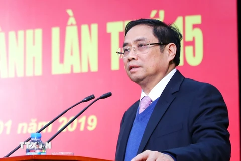 Ông Phạm Minh Chính, Ủy viên Bộ Chính trị, Bí thư Trung ương Đảng, Trưởng Ban Tổ chức Trung ương phát biểu chỉ đạo Hội nghị. (Ảnh: Phương Hoa/TTXVN)