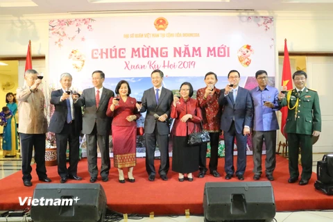 Đại sứ Phạm Vinh Quang và các vị khách nâng ly chúc mừng năm mới. (Ảnh: Đỗ Quyên/Vietnam+)