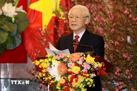 Tổng Bí thư, Chủ tịch nước Nguyễn Phú Trọng chúc Tết. (Ảnh: Phương Hoa/TTXVN)