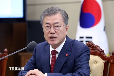 Ảnh tư liệu: Tổng thống Hàn Quốc Moon Jae-in phát biểu trong cuộc họp tại Seoul, ngày 28/1/2019. (Nguồn: Yonhap/ TTXVN)
