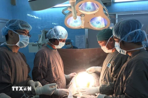 Các bác sỹ trải qua 5 giờ đồng hồ mới có thể bóc tách toàn bộ khối u 25kg ra khỏi bụng bệnh nhân. (Nguồn: TTXVN phát)