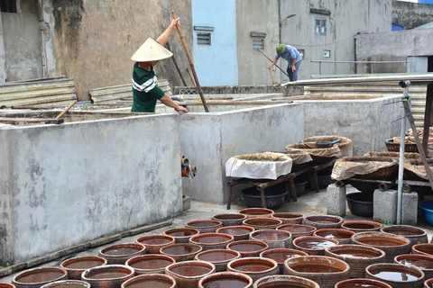 Sản xuất nước mắm truyền thống ở Nam Định. (Nguồn: TTXVN)