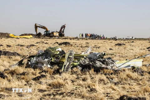 Hiện trường vụ rơi máy bay Boeing 737 MAX 8 của Hãng hàng không Ethiopian Airlines gần thủ đô Addis Ababa, Ethiopia ngày 11/3/2019. (Nguồn: AFP/TTXVN)