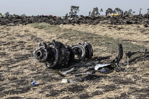 Một bộ phận của máy bay Boeing 737 MAX thuộc Hãng hàng không Ethiopian Airlines tại hiện trường vụ tai nạn thảm khốc gần thủ đô Addis Ababa, ngày 15/3/2019. (Nguồn: AFP/TTXVN)