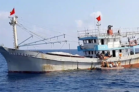 Trong ảnh: Xuồng cứu nạn tiếp cận tàu cá để đưa ngư dân gặp nạn qua tàu SAR 412 để chăm sóc y tế và di chuyển về bờ. (Ảnh: Xuân Nguyên/TTXVN)