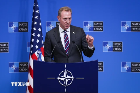 Quyền Bộ trưởng Quốc phòng Mỹ Patrick Shanahan trong cuộc họp báo sau Hội nghị Bộ trưởng Quốc phòng Tổ chức Hiệp ước Bắc Đại Tây Dương (NATO) tại Brussels, Bỉ ngày 14/2/2019. (Nguồn: THX/TTXVN)