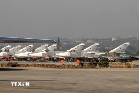 Ảnh tư liệu: quang cảnh căn cứ không quân Hmeimim của Nga ở tỉnh Latakia, Tây Bắc Syria. (Nguồn: AFP/TTXVN)