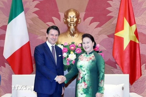 Chiều 5/6/2019, tại Nhà Quốc hội, Chủ tịch Quốc hội Nguyễn Thị Kim Ngân tiếp Thủ tướng Cộng hòa Italia Giuseppe Conte đang ở thăm chính thức Việt Nam. (Ảnh: Trọng Đức/TTXVN)