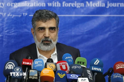 Người phát ngôn Tổ chức Năng lượng Nguyên tử Iran (AEOI) Behrouz Kamalvandi trong cuộc họp báo tại Tehran. (Nguồn: AFP/TTXVN)