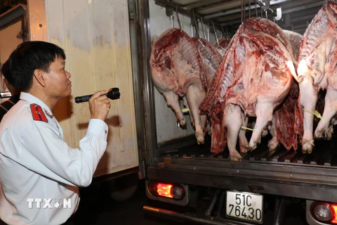 Kiểm tra thịt lợn trước khi được đưa đi tiêu thụ tại chợ đầu mối nông sản thực phẩm Hóc Môn, Thành phố Hồ Chí Minh. (Ảnh: Đinh Hằng/TTXVN)