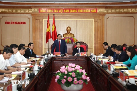 Trưởng ban Tổ chức Trung ương Phạm Minh Chính phát biểu tại buổi làm việc với Ban Thường vụ Tỉnh ủy Hà Giang. (Ảnh: Minh Tâm/TTXVN)