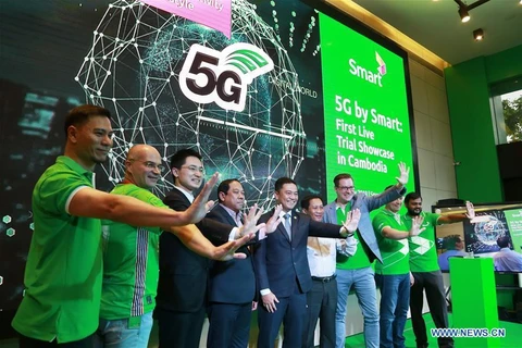 Buổi giới thiệu phát thử nghiệm trực tiếp 5G đầu tiên do Smart Axiata tổ chức tại Phnom Penh, Campuchia, vào ngày 8/7. (Nguồn: THX)