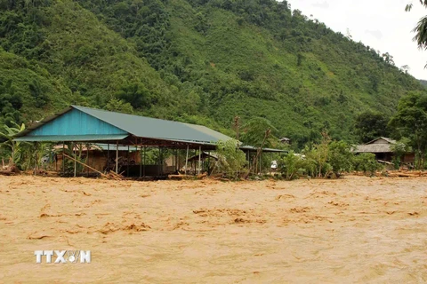 Các ngôi nhà của bản Nà Hừ, xã Bum Nưa, huyện Mường Tè (Lai Châu) chìm trong lũ ngày 24/6/2019. (Ảnh: Việt Hoàng/TTXVN)