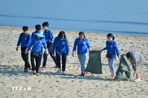 Các Đoàn viên, thanh niên đang tích cực dọn rác ở bãi biển trong chiến dịch Hãy làm sạch biển năm 2019. (Ảnh: Văn Dũng/TTXVN)