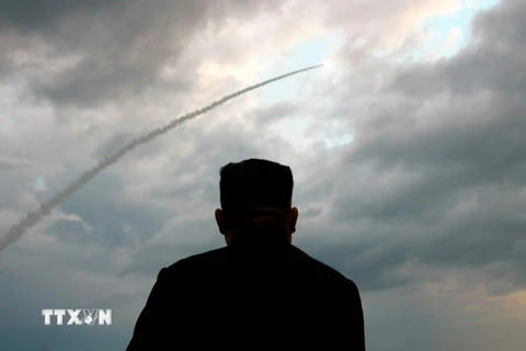 Nhà lãnh đạo Triều Tiên Kim Jong-un thị sát vụ phóng thử tên lửa đạn đạo tại một địa điểm không xác định ở Triều Tiên, ngày 31/7/2019. (Nguồn: YONHAP/TTXVN)