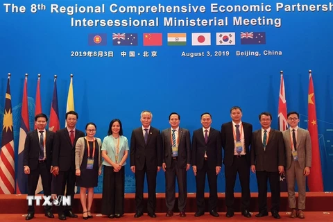 Thứ trưởng Bộ Công Thương Trần Quốc Khánh (thứ năm, từ trái sang) và các đại biểu đoàn Việt Nam tham dự hội nghị. (Ảnh: Lương Tuấn/TTXVN)