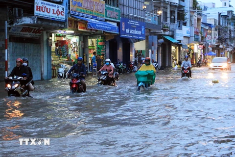 Đường 3 tháng 2, phường 1, thành phố Vĩnh Long bị ngập sâu do triều cường vào chiều tối 30/9/2019. (Ảnh: Phạm Minh Tuấn/TTXVN)