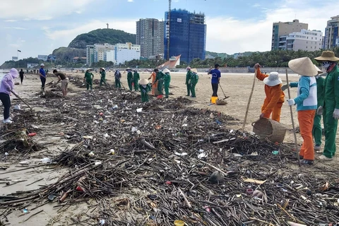 Công nhân dọn rác tại bãi Sau, thành phố Vũng Tàu. (Ảnh: Đoàn Mạnh Dương/TTXVN)