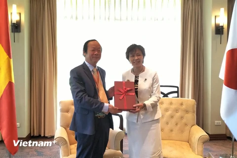 Thứ trưởng Võ Tuấn Nhân, Trưởng đoàn công tác của Việt Nam tham dự Hội nghị Bộ trưởng môi trường ASEAN lần thứ 15 (AMME 15) họp song phương với bà Yubari Sato, Quốc vụ khanh Bộ Môi trường Nhật Bản. (Ảnh: Minh Hưng/Vietnam+)